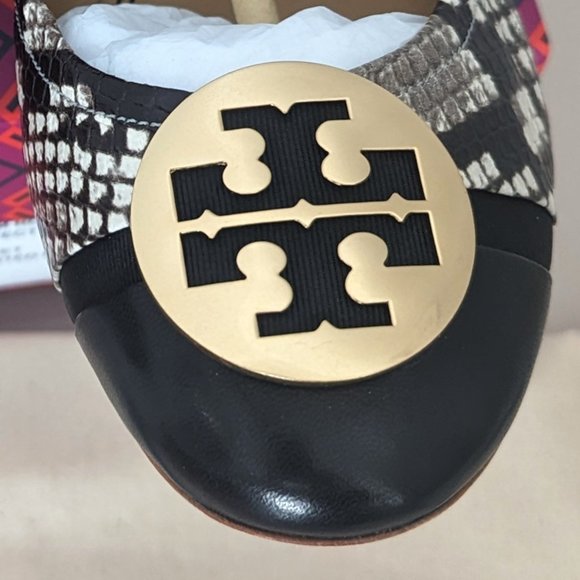 Tory Burch Cap Toe Minnie Ballet Flats Gold Logo Two Tone Roccia Black 9.5 - Picture 4 of 8